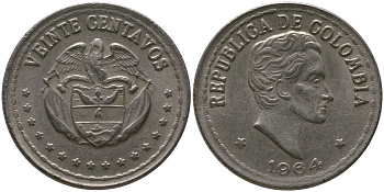 Колумбия 20 сентаво 1964 KM 215.2 медно-никель 4529-646