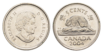 Канада 5 центов 2004 P, Елизавета II (1952-2022), бобр KM 491 сталь плакированная никелем UNC 4636-629