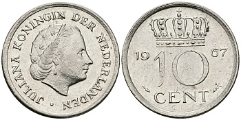 НИДЕРЛАНДЫ 10 ЦЕНТОВ 1967 ЮЛИАНА KM 182 никель 96-421