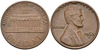 США 1 цент 1963 D, Линкольн KM 201 медь цинк 4115-833