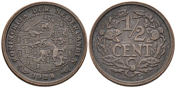 Нидерланды 1/2 цента 1928 Вильгельмина (1890-1948) KM 138 бронза 4576-467