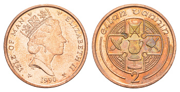 Остров Мэн 2 пенса 1990 Елизавета II (1952-2022) KM 208 бронза UNC 4648-212