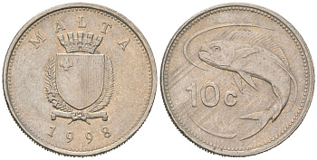 Мальта 10 центов 1998 золотая макрель KM 96 медно-никель 4577-1121