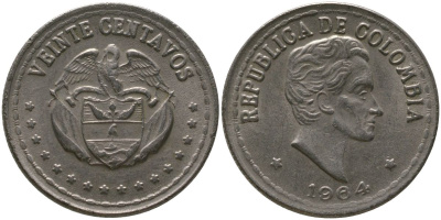 Колумбия 20 сентаво 1964 KM 215.2 медно-никель 4529-646