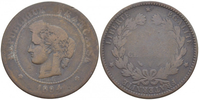 ФРАНЦИЯ 5 САНТИМОВ 1894 A, ТРЕТЬЯ РЕСПУБЛИКА (1871-1940) KM 821.1, LE FRANC 118.37 бронза 4448-151
