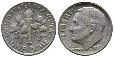 США 10 центов (дайм) 1967 Рузвельт KM 195а медь плакированная медно-никелем 08-1422