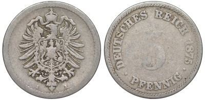 ГЕРМАНИЯ 5 ПФЕННИГОВ 1875 A, СТАРОГЕРБОВКА KM 3, J.3 медно-никель 45-443