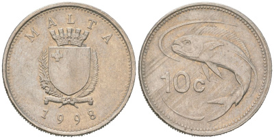 Мальта 10 центов 1998 золотая макрель KM 96 медно-никель 4577-1121