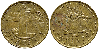 Барбадос 5 центов 1994 маяк Саут-Пойнт KM 11 латунь 4398-546