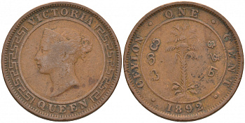 ЦЕЙЛОН 1 ЦЕНТ 1892 ВИКТОРИЯ KM 92 медь 68-714