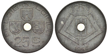 БЕЛЬГИЯ 25 САНТИМОВ 1946 BELGIE-BELGIQUE, ГЕРМАНСКАЯ ОККУПАЦИЯ, ВТОРАЯ МИРОВАЯ ВОЙНА KM 132 цинк 27-947