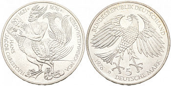 ФРГ 5 марок 1976 D, 300 лет со дня смерти Ганса Якоба Кристоффеля фон Гриммельсгаузена (1622-1676) KM 144, J. 419 серебро 3855-625