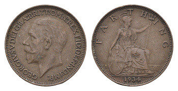 Великобритания 1 фартинг 1934 Георг V (1910-1936) KM 825, Spink 4061 бронза 4664-316