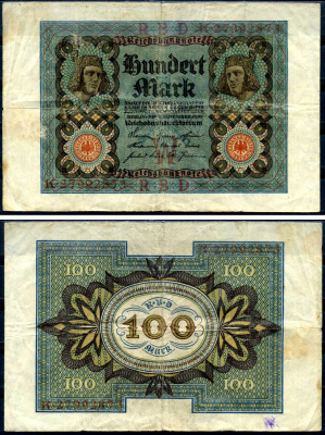 Германия 100 марок 1920 Бамбергский всадник, 8 цифр в номере, серия K, буква W Pick 69 b, Розенберг 69b бумага 8617-42-1-1