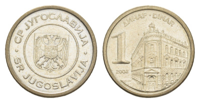 Югославия 1 динар 2002 KM 180 медь цинк никель 4181-529
