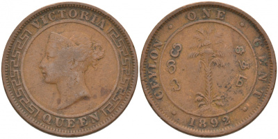 ЦЕЙЛОН 1 ЦЕНТ 1892 ВИКТОРИЯ KM 92 медь 68-714