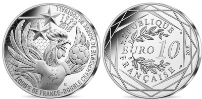 Франция 10 евро 2018 Франция дважды чемпион мира по футболу, оригинальный буклет KM NEW серебро  UNC  8-1-01-30