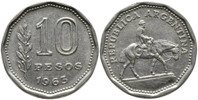 Аргентина 10 песо 1963 Гаучо KM 60 никелированная сталь 4525-941