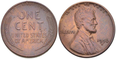 США 1 ЦЕНТ 1956 D, ЛИНКОЛЬН KM A132 медь цинк 211-1268