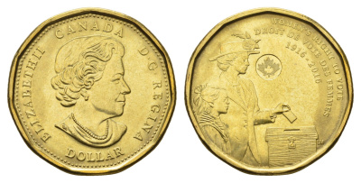 Канада 1 доллар 2016 100 лет женскому избирательному праву KM 2102 никель плакированный бронзой UNC 108-637