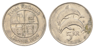 Исландия 5 крон 1984 дельфины KM 28 медно-никель 4591-1114