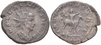 Римская Империя антониниан 268 - 270 Клавдий II Готский, бюст императора, IMP CLAVDIVS PF AVG / император на коне, ADVEN (?) CL (?) GOTHICO, Медиолан (?), неописанный тип (из немецкой коллекции 1-й половины XX века, с владельческой этикеткой) RIC - билл