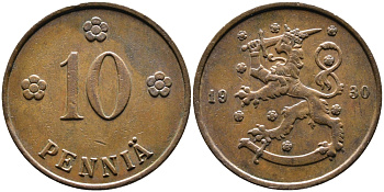 Финляндия 10 пенни 1930 республика (1918-1962) KM 24 медь 4388-854