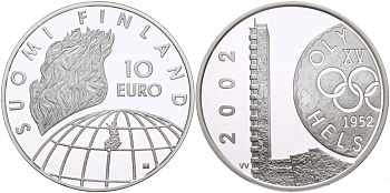 Финляндия 10 евро 2002 50 лет Олимпиаде 1952 года в Хельсинки KM 107 серебро PROOF 11-176-33