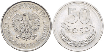 ПОЛЬША 50 ГРОШЕЙ 1971 MW KM 48.1, Parchimowicz 210f алюминий UNC 216-855