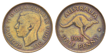 Австралия 1/2 пенни 1951 Георг VI (1936-1952), кенгуру KM 42 бронза 4150-446