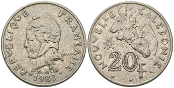 Французская Новая Каледония 20 франков 1983 три быка, (IEOM) KM 12, Schoen 14, Lec 111 никель 71-1416