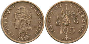 Французская Новая Каледония 100 франков 2000 хижина среди сосен и пальм, (IEOM) KM 15, Schoen 16, Lec 139d никель латунь 4144-713
