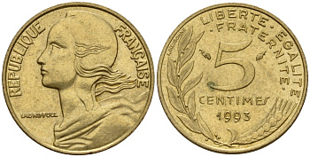 Франция 5 сантимов 1993 KM 933 алюминиевая бронза 4154-1065