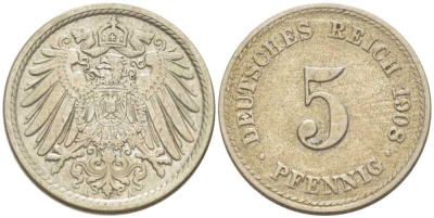 Германия 5 пфеннигов 1908 A KM 11, Jager 12, Weege 6 медно-никель 206-952