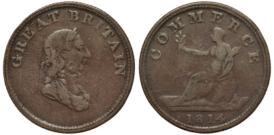 Великобритания 1/2 пенни 1814 не для внутреннего пользования, комерческий токен TC 556952 медь 441-142