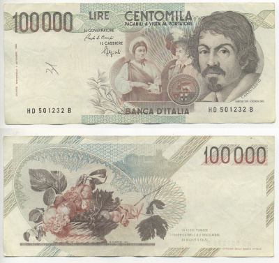 Италия 100000 лир 1983 Караваджо, фруктовый букет, подпись Stevani Pick 110а бумага 7220-4-1