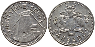 Барбадос 25 центов 1973 ветряная мельница Моргана Льюиса KM 13 медно-никель 4398-335