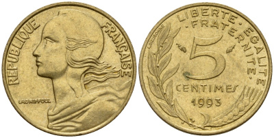 Франция 5 сантимов 1993 KM 933 алюминиевая бронза 4154-1065