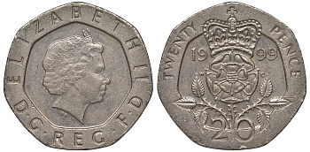 Великобритания 20 пенсов 1999 Елизавета II (1952-2022) KM 990, Spink 4630 (G3) медно-никель 4122-1133