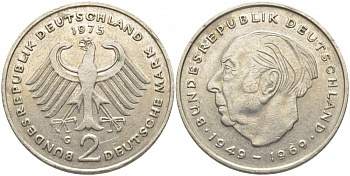 ФРГ 2 МАРКИ 1975 G, ТЕОДОР ХОЙС KM 127, J. 407 медно-никель плакированный никелем 3856-334