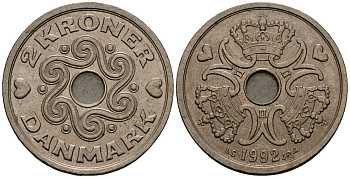 Дания 2 кроны 1992 Маргрете II (1973 - 1988) KM 874 медно-никель 4176-537