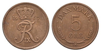 Дания 5 эре 1963 C; S, Фредерик IX (1947-1972) KM 848 бронза 3459-913