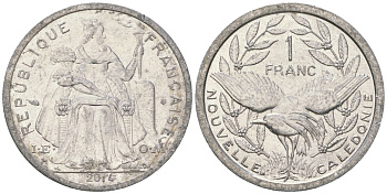 Французская Новая Каледония 1 франк 2014 птица кагу, (IEOM) KM 10, Schoen 10 алюминий 33-443