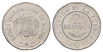 Боливия 2 боливиано 2010 KM 218 нержавеющая сталь UNC 4666-821