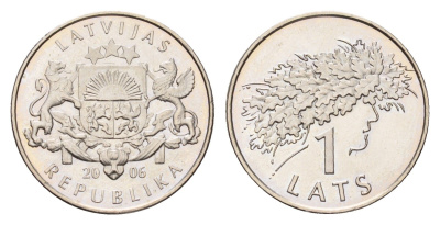 Латвия 1 лат 2006 Дубовый венок KM 73 медно-никель UNC 4679-334
