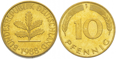 ФРГ 10 ПФЕННИГОВ 1988 F KM 108, J.383 сталь плакированная латунью 3996-714