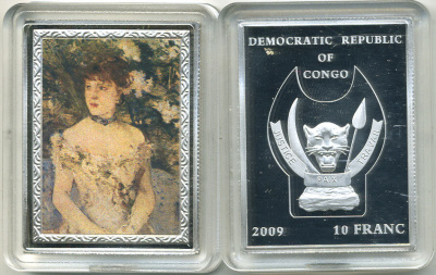 Конго 10 франков 2009 серия шедевры мировой живописи, Берта Моризо, Молодая девушка в бальном платье, серебрение, размер 35Х46 мм., цветная эмаль медно-никель PROOF 1066-14-21