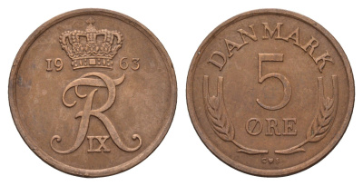Дания 5 эре 1963 C; S, Фредерик IX (1947-1972) KM 848 бронза 3459-913