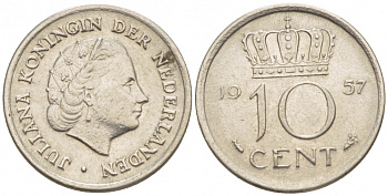 Нидерланды 10 центов 1957 Юлиана (1948-1980) KM 182 никель 4547-828