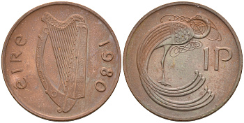 ИРЛАНДИЯ 1 ПЕННИ 1980 ПТИЧКА KM 20 бронза 4588-1037